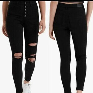 American Eagle Outfitters Super Hi-Rise Jegging in Black Distressed Button Fly